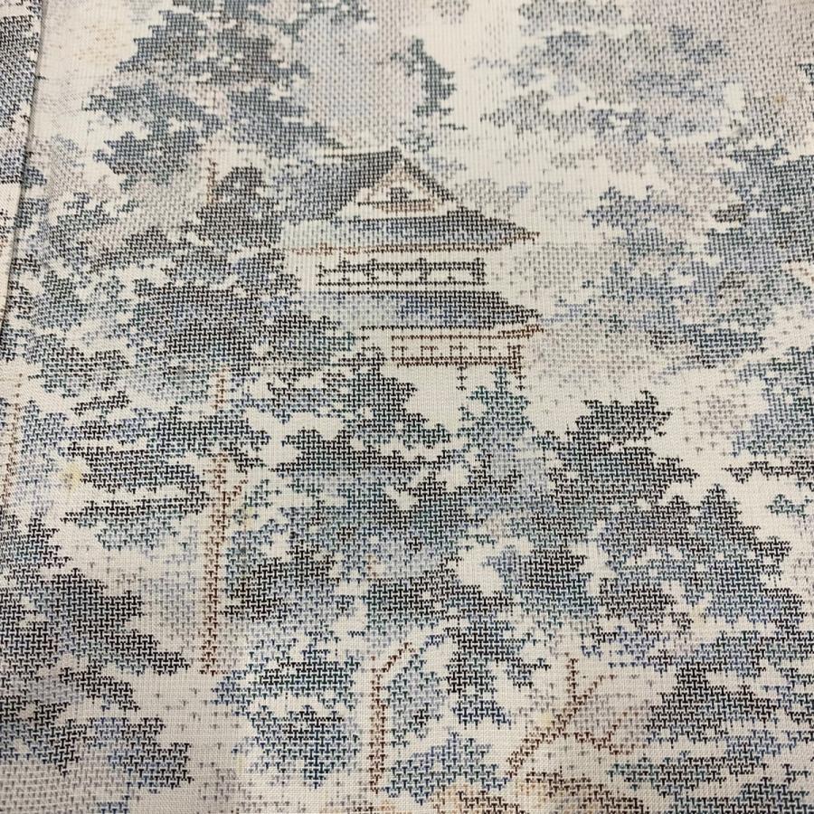 紬 身丈165.5cm 裄丈63cm S 袷 樹木 建物 灰白 正絹 名品 中古 紬 身丈165.5cm 裄丈63cm S 袷 樹木 建物 灰白 正絹 名品 中古