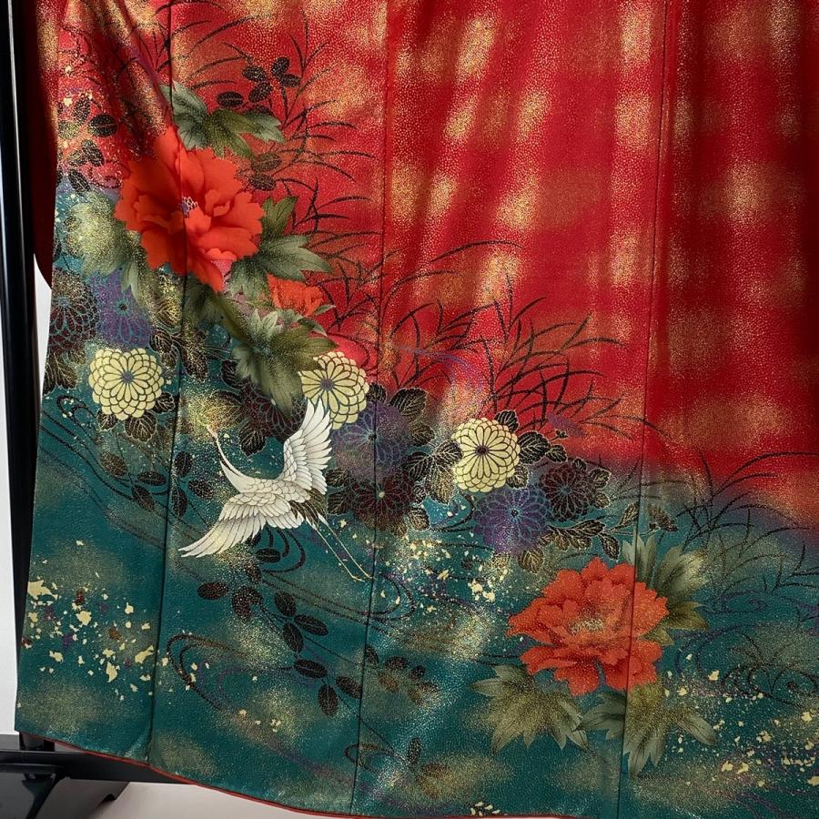 振袖 身丈160cm 裄丈68cm L 袷 袋帯フルセット 草花 金彩 染め分け 赤 