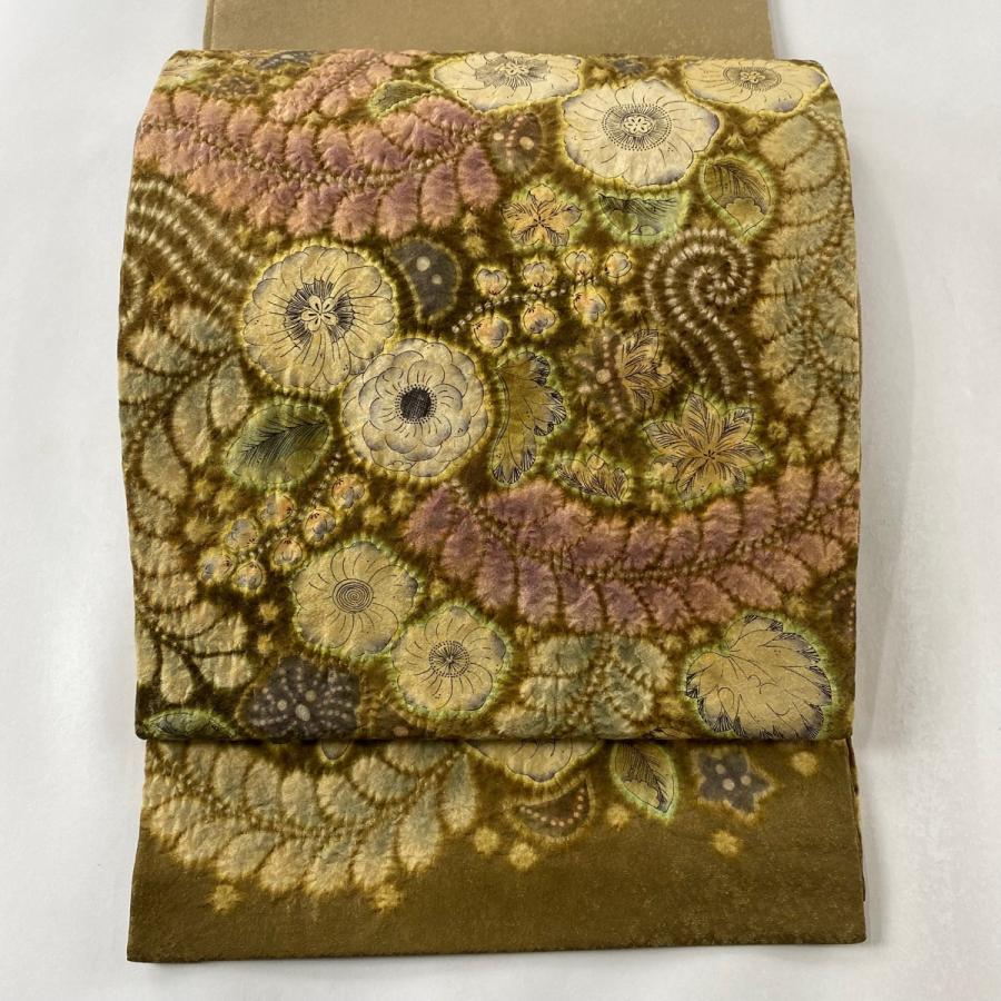 開き名古屋帯 美品 名品 落款あり 辻が花 金糸 山吹茶色 お太鼓柄 正絹  