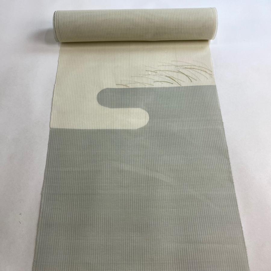 反物 逸品 付下げ 縦絽 ヱ霞 葉柄 刺繍 ベージュ 正絹 中古  