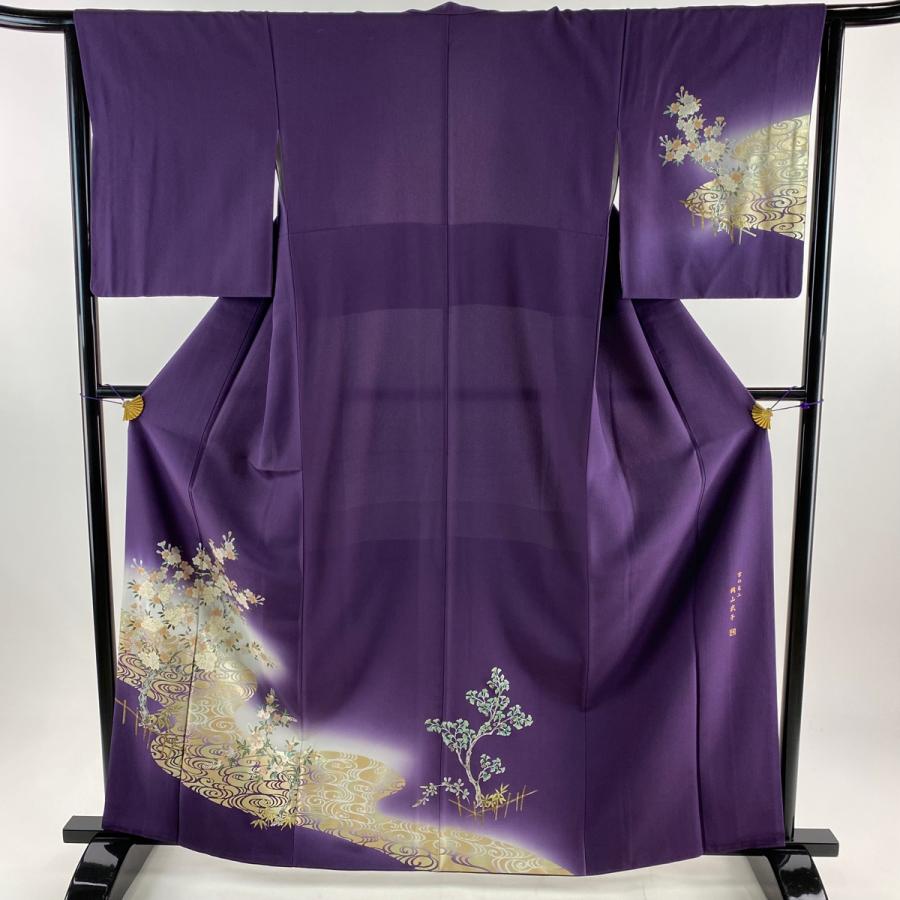 付下げ 身丈162cm 裄丈64cm M 袷 岡山武子 落款あり 桜 流水 金銀彩  