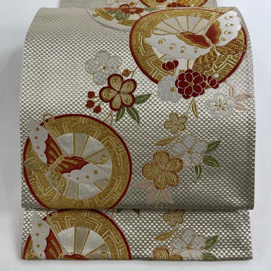 袋帯 美品 秀品 蝶 菊 唐織 金銀糸 銀色 六通 正絹 中古  