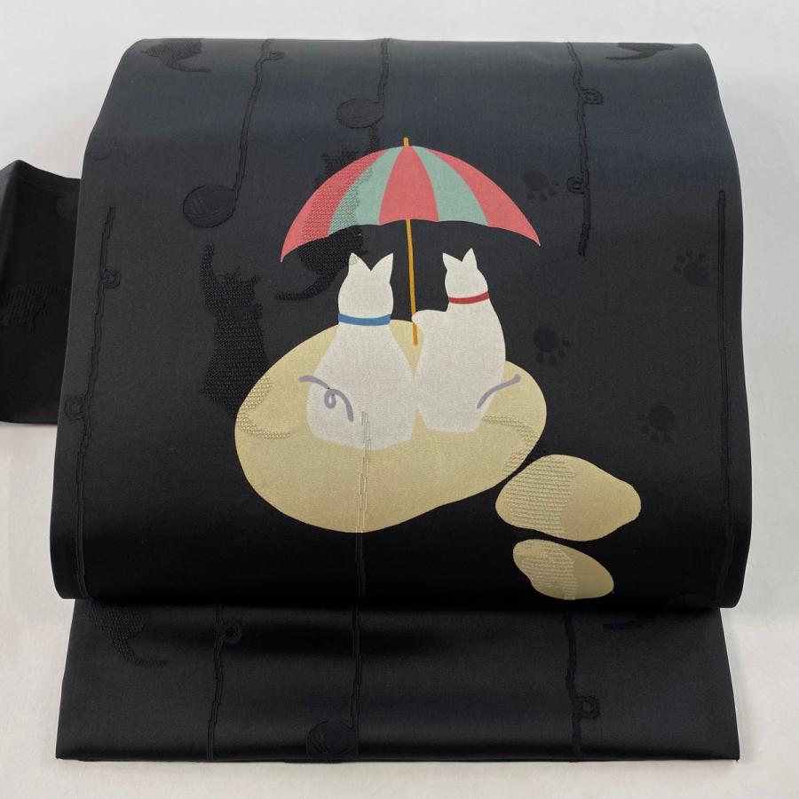 名古屋帯 美品 逸品 猫 相合傘 黒 正絹 中古 : 1000075460593 