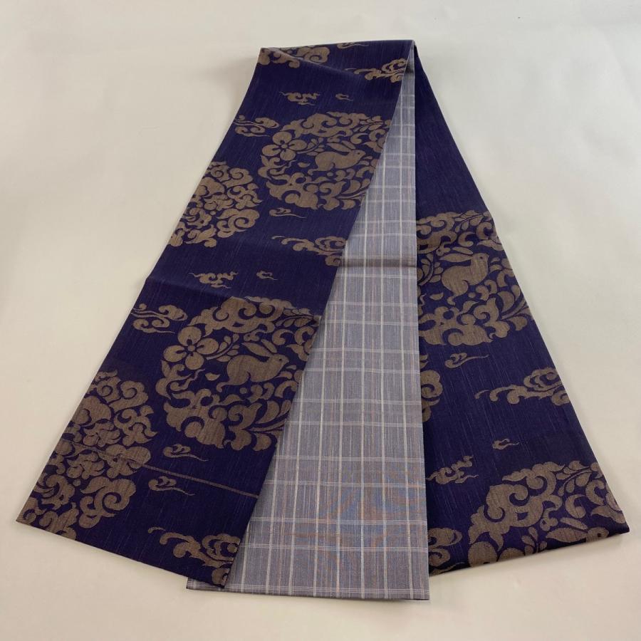 袋帯 美品 逸品 となみ織物 落款あり 証紙あり 真綿紬 うさぎ 紫 六通 