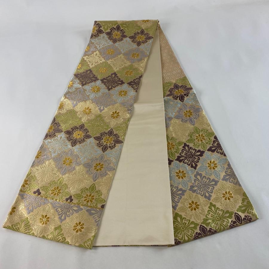 袋帯 六通 花菱 花唐草 金糸 エレガント 逸品 袋帯 螺鈿箔 正絹 絹 金糸 銀糸 黒地 黒 花唐草 横段 花菱 網代