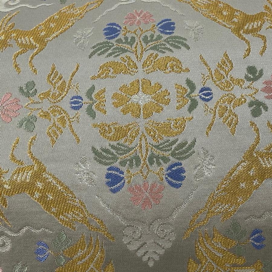 袋帯 美品 逸品 龍村晋 落款あり 天平走羊花草文錦 金糸 箔 灰色 全通 
