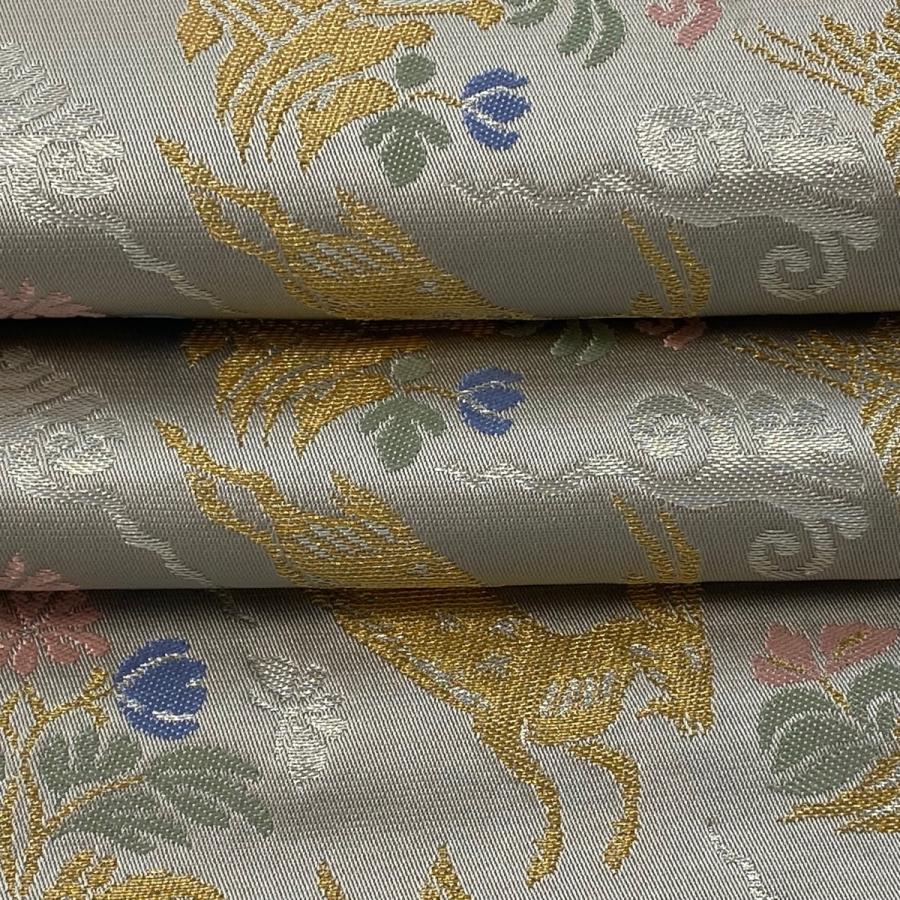 袋帯 美品 逸品 龍村晋 落款あり 天平走羊花草文錦 金糸 箔 灰色 全通 