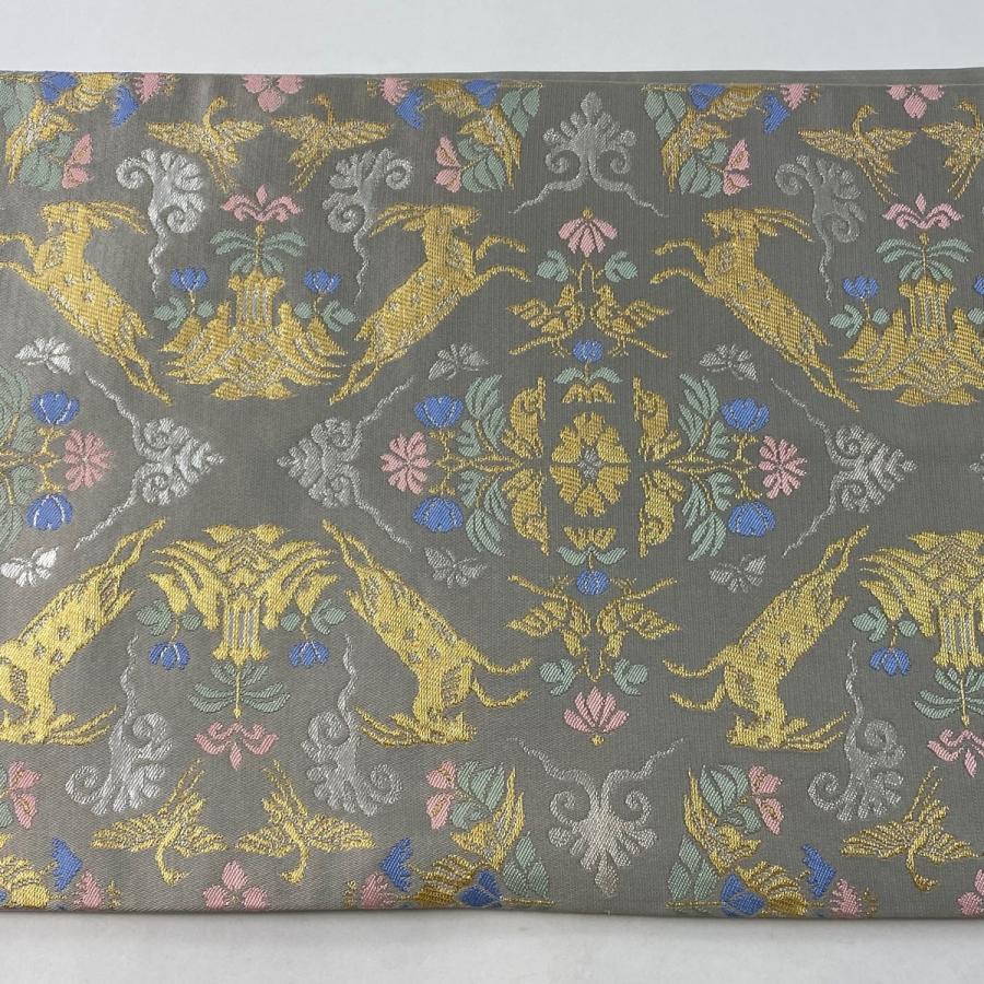 袋帯 美品 逸品 龍村晋 落款あり 天平走羊花草文錦 金糸 箔 灰色 全通 