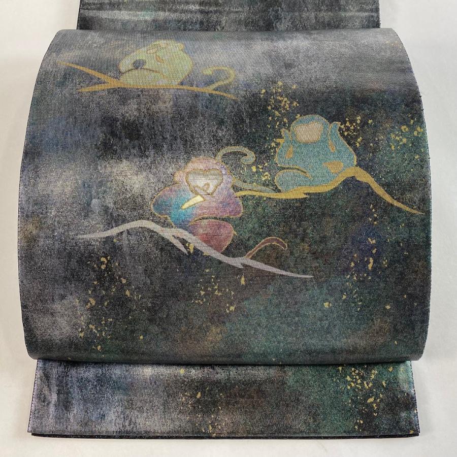袋帯 美品 逸品 三猿 箔 ラメ箔 灰緑 お太鼓柄 正絹 中古  