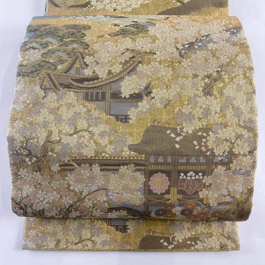 丸帯 美品 逸品 風景 建物 金糸 箔 金色 全通 正絹 中古 在庫一掃  