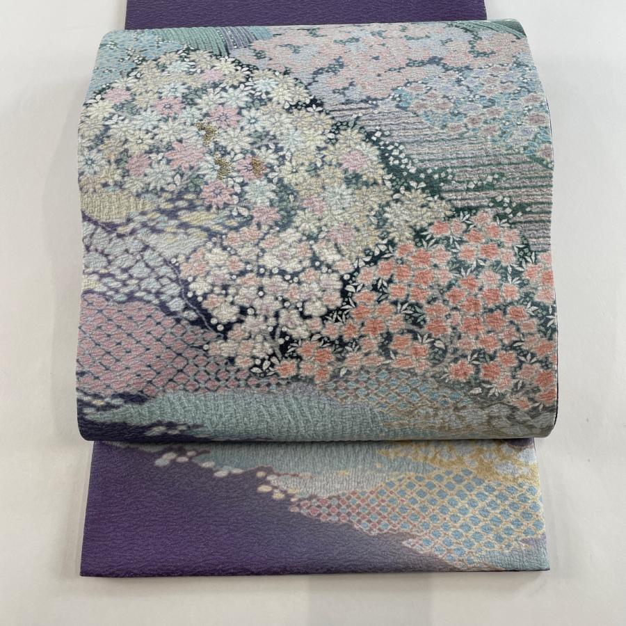 袋帯 美品 逸品 滝泰 落款あり 草花 銀通し 金糸 紫 お太鼓柄 正絹  