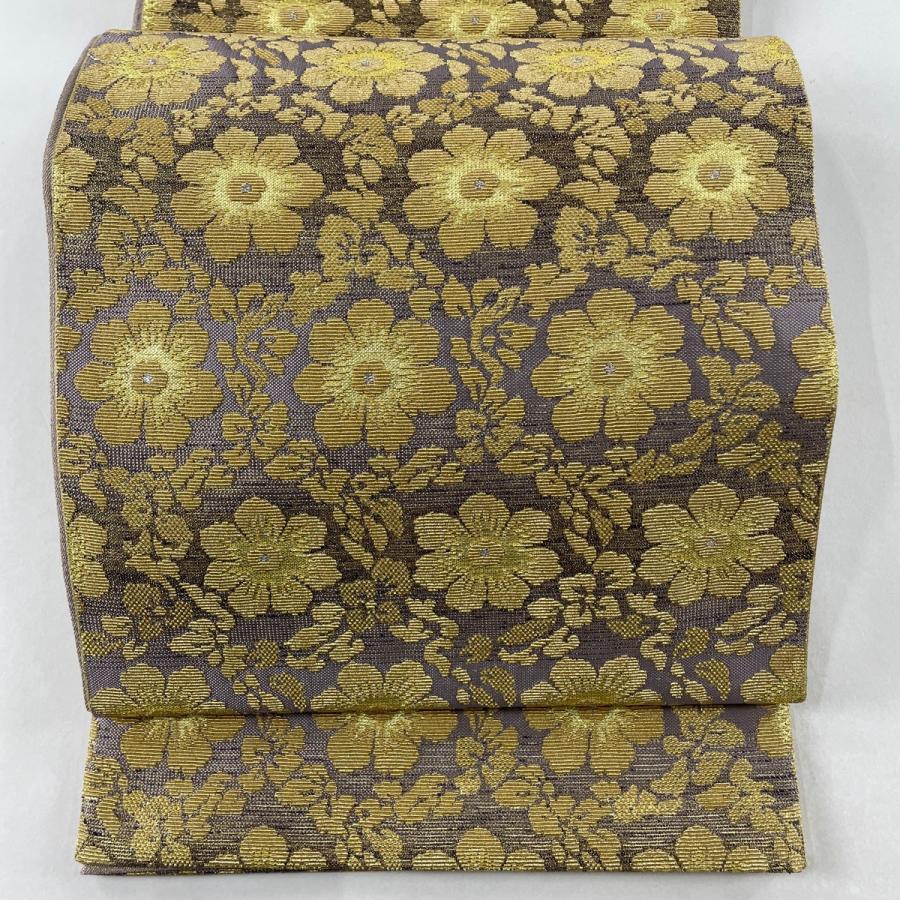 袋帯 美品 名品 証紙あり 能衣唐花文様 金糸 輪奈織 薄紫 全通 正絹 