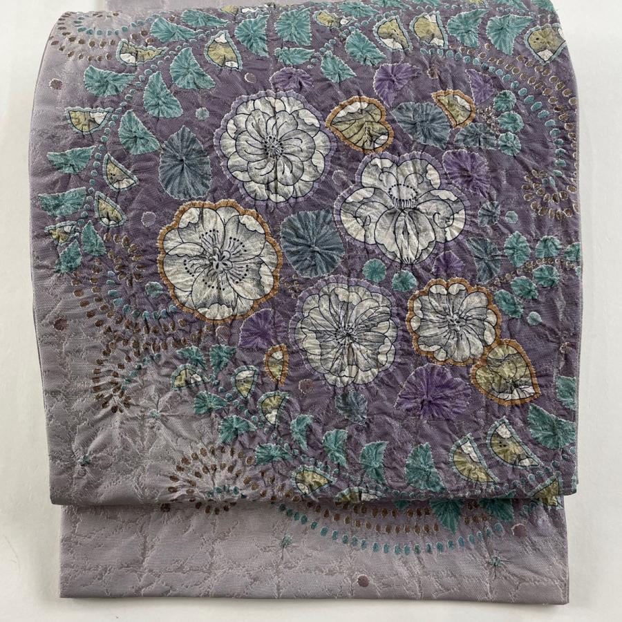usaomiです　刺繍辻が花袋帯 袋帯 辻が花 銀糸 箔 紫 お太鼓柄 正絹