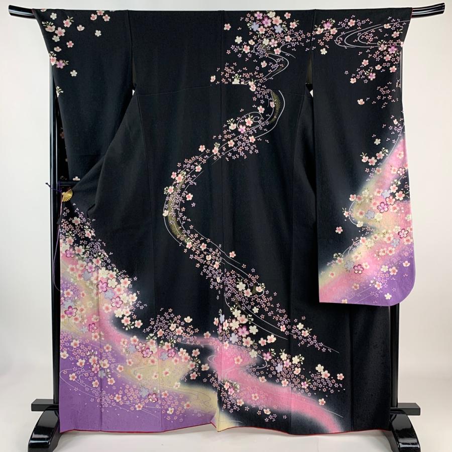 振袖 身丈167cm 裄丈71cm L 袷 桜 流水 金彩 黒 正絹 美品 名品 