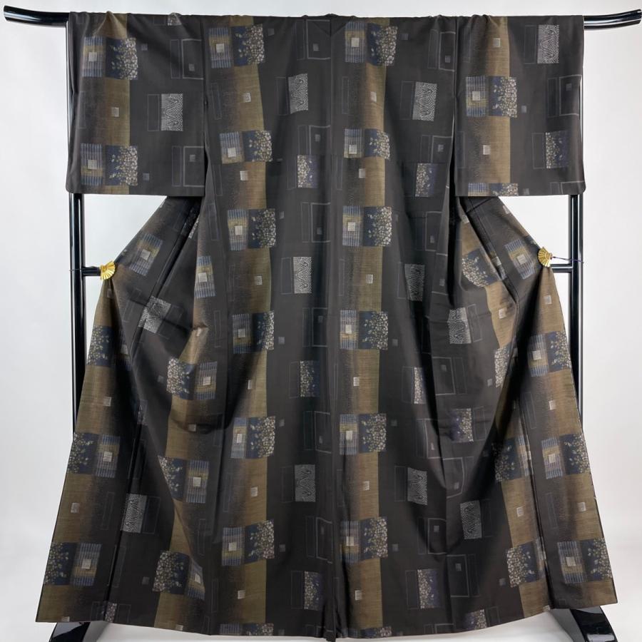 紬 身丈165cm 裄丈67cm M 袷 やまと 草花 幾何学 焦茶色 正絹 美品  