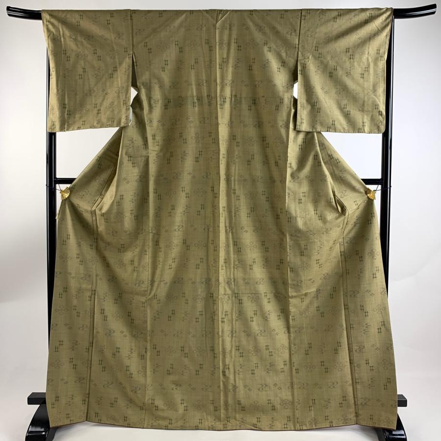 紬 身丈170cm 裄丈67cm M 袷 井桁絣 燕 灰緑 正絹 美品 名品 中古  