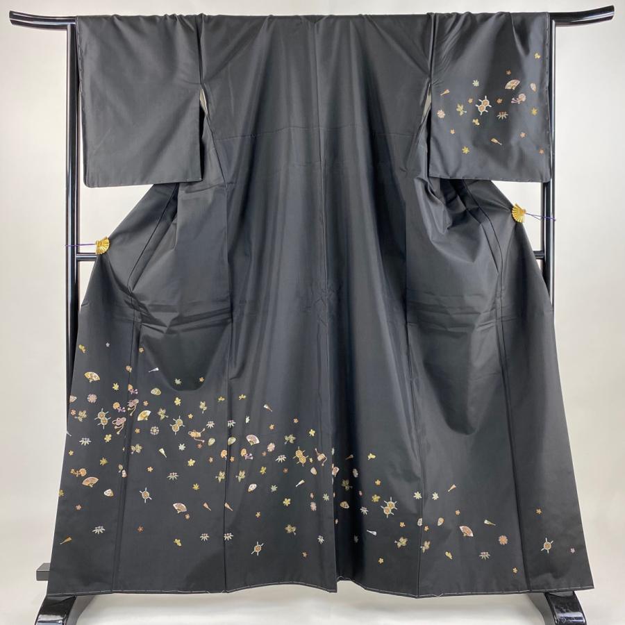 訪問着 身丈163cm 裄丈68cm L 袷 紬地 松竹梅 扇 金糸 刺繍 黒 正絹 美  