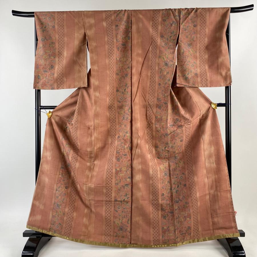 小紋 身丈163.5cm 裄丈67.5cm L 単衣 紬地 バチ衿 葉柄 薄茶色 正絹 美  