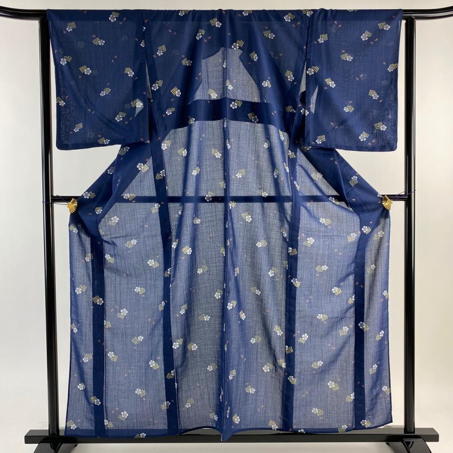 小紋 身丈158.5cm 裄丈64.5cm M 薄物 夏紬地 源氏香 桜 紺色 正絹 美品  