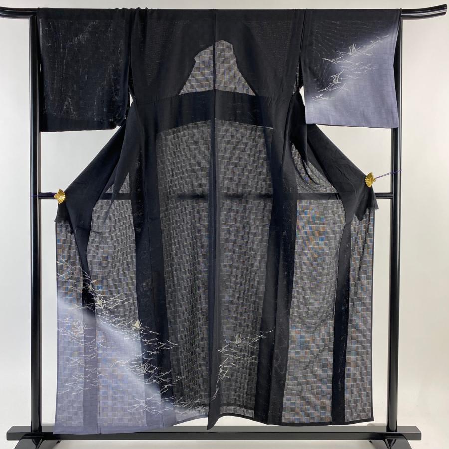 付下げ 身丈156.5cm 裄丈66.5cm M 薄物 松笠 松葉 金彩 染分け 黒 正絹  