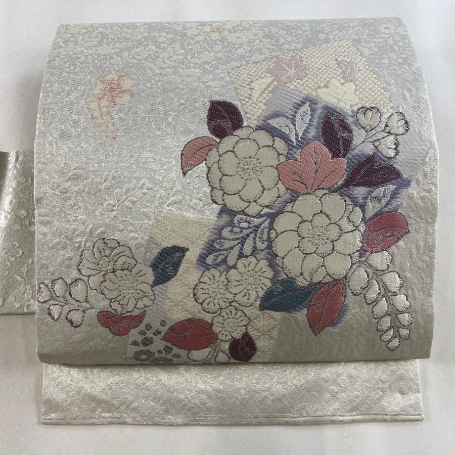 名古屋帯 秀品 辻が花 色紙 錦プラチナ箔 刺繍 灰白 正絹 中古 