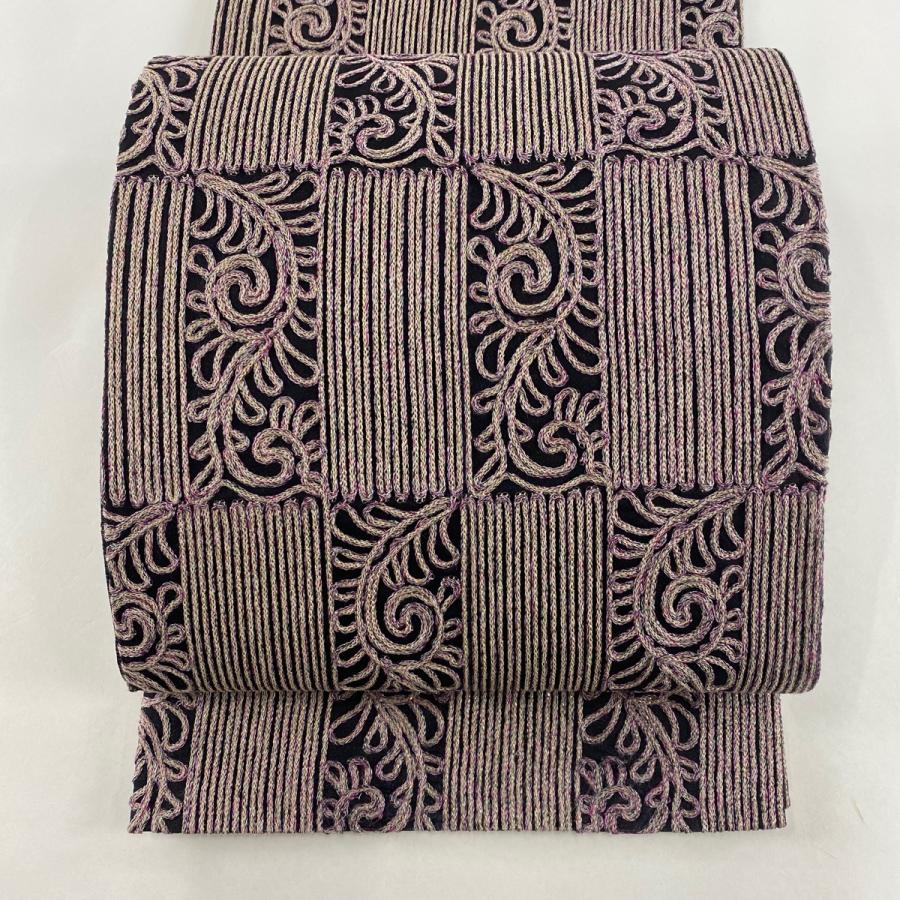 袋帯 美品 名品 無月 落款あり 唐草 市松 箔 紫 全通 正絹 中古  