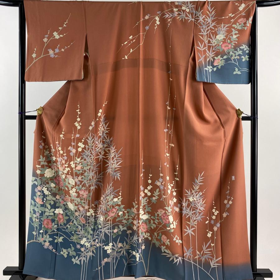 訪問着 身丈159cm 裄丈67cm M 袷 枝梅 流水 総絞り 黒 正絹 名品 中古  