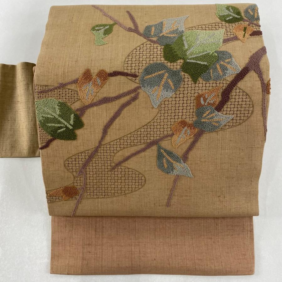 名古屋帯 美品 名品 紬地 枝葉 相良刺繍 汕頭刺繍 茶色 正絹 中古 