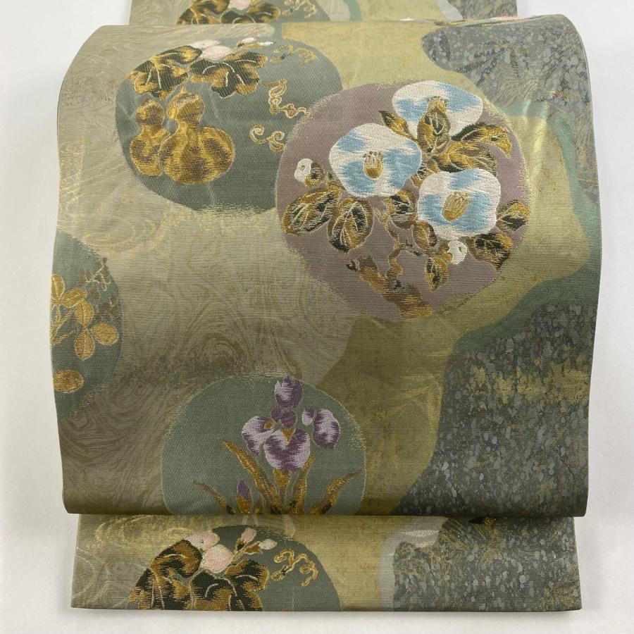 袋帯 秀品 琳派草花文様 金糸 箔 灰緑 六通 正絹 中古 : 1000076873682 