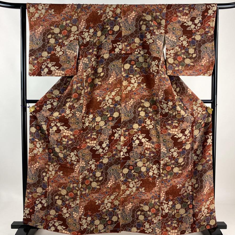 小紋 身丈162.5cm 裄丈66cm M 袷 辻が花柄 金彩 赤茶 正絹 美品 優品 