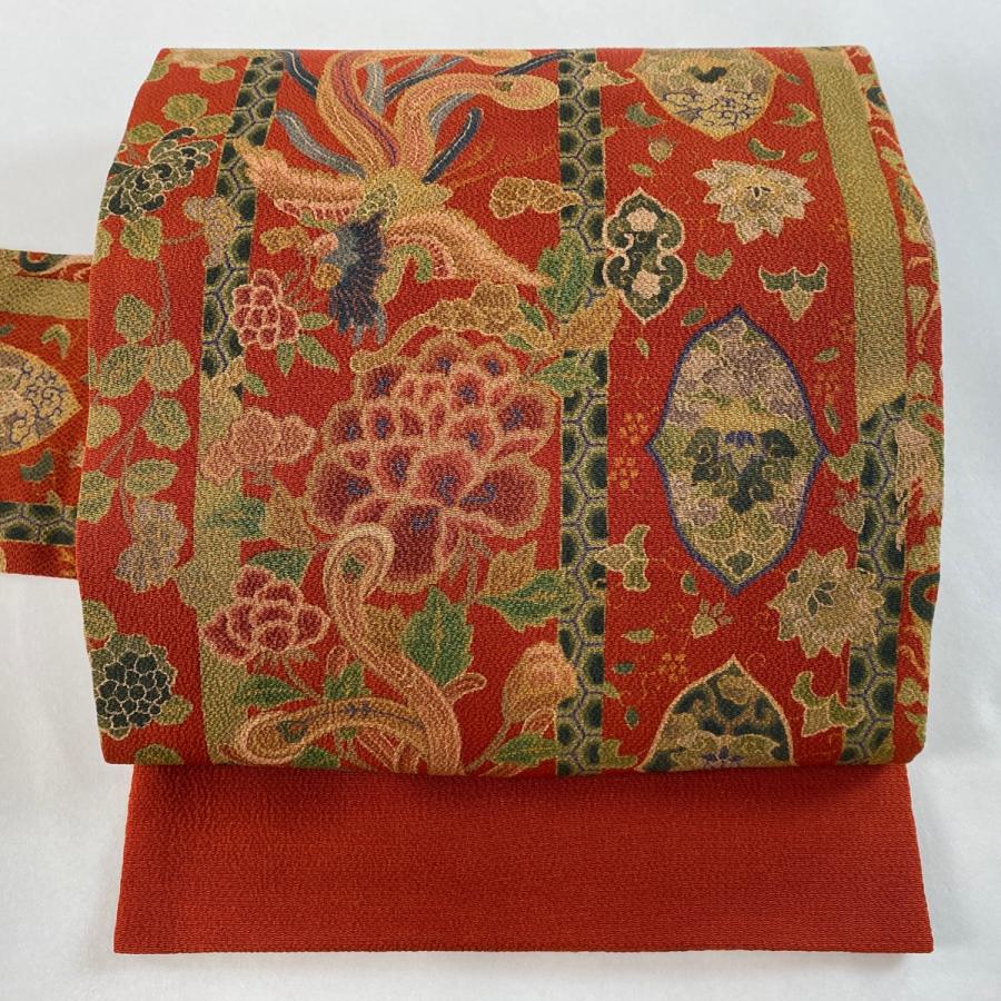名古屋帯 美品 逸品 山岡古都 落款あり 鳳凰 草花 縮緬 朱色 正絹 中古 