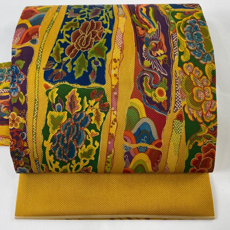 名古屋帯 逸品 山岡古都 落款あり 関西仕立て 牡丹 尾長鳥 山吹色 正絹 