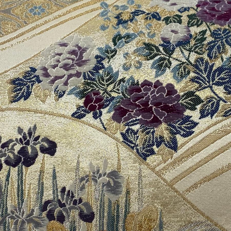 袋帯 美品 逸品 琳派 貝紫 草花 七宝 金銀糸 箔 ベージュ 六通 正絹 