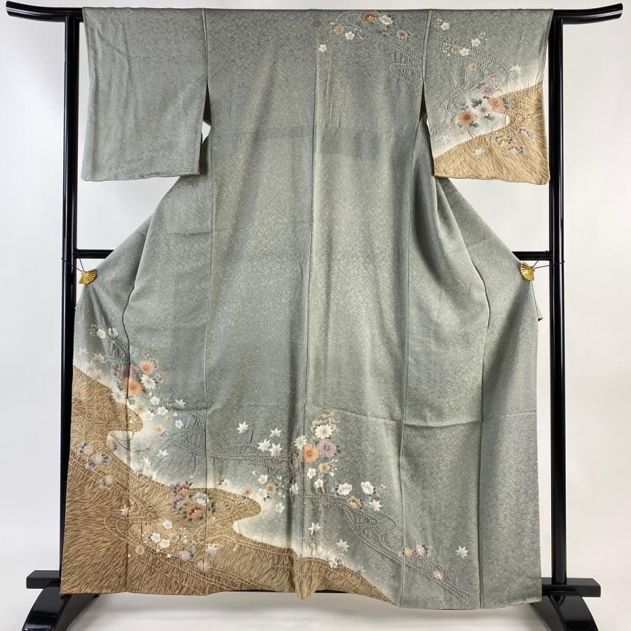 訪問着 身丈161.5cm 裄丈63cm S 袷 菊 流水 ぼかし 金彩 灰緑 正絹 美  