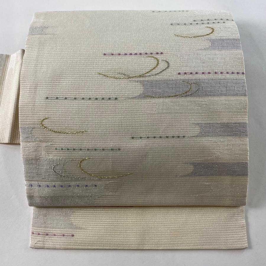 名古屋帯 美品 秀品 夏帯 絽 幾何学模様 金銀糸 クリーム 正絹 中古  