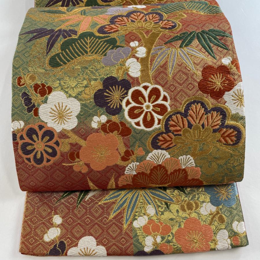 袋帯 美品 秀品 松竹梅 菱 唐織 金糸 赤茶 六通 正絹 中古  