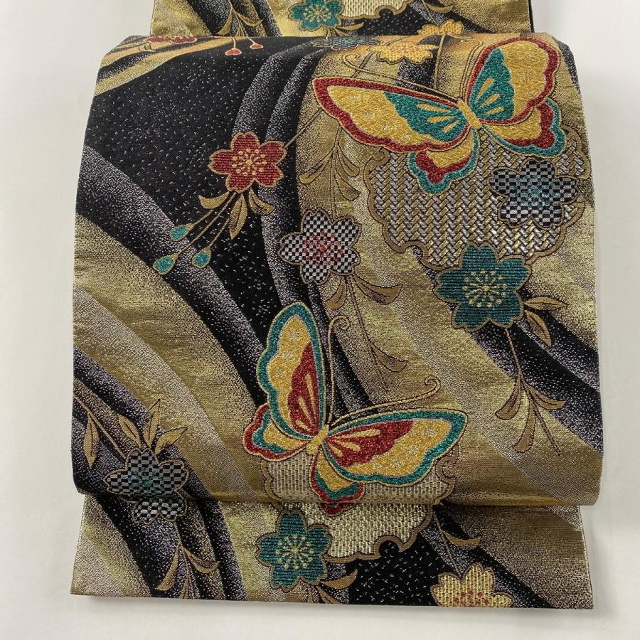 袋帯 美品 秀品 蝶 桜 割ろ 金糸 箔 紫 六通 正絹 【中古】