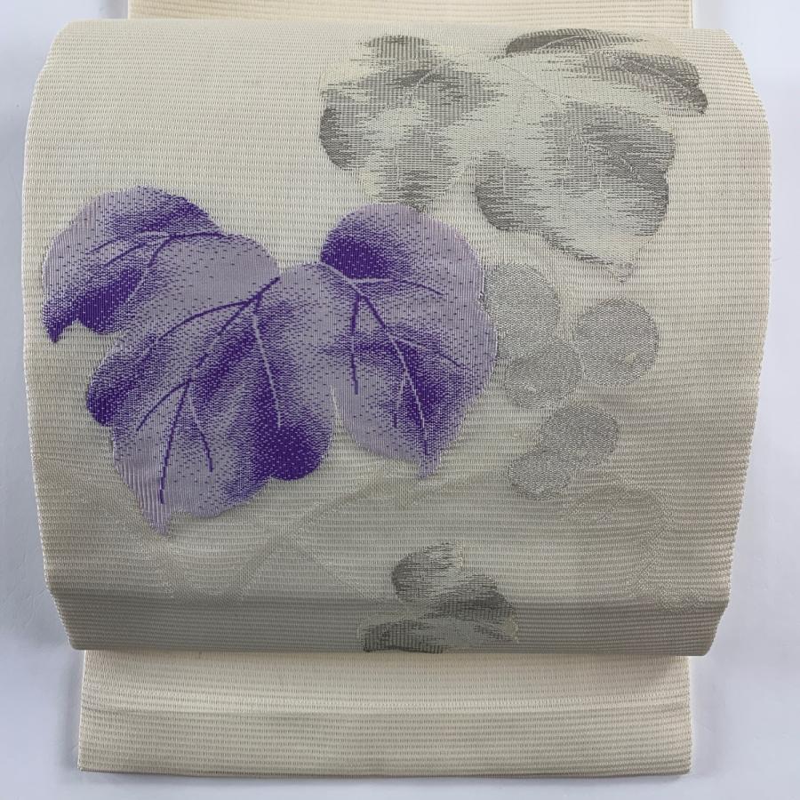 開き名古屋帯 秀品 夏帯 絽 葡萄 銀糸 箔 クリーム 正絹 中古  