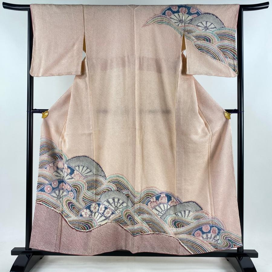 訪問着 身丈156cm 裄丈64cm M 袷 源氏車 流水 総絞り 薄ピンク 正絹  