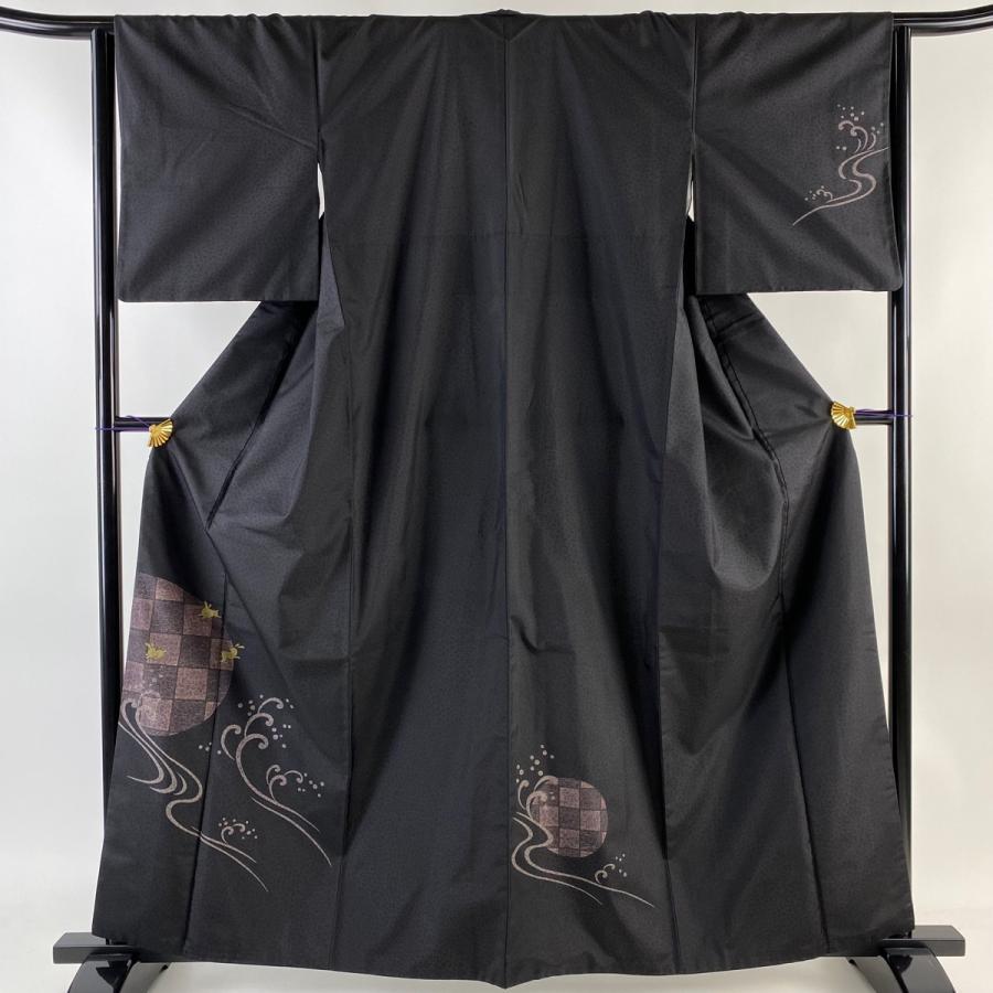 付下げ 身丈162cm 裄丈64.5cm M 袷 紬地 うさぎ 波 墨色 正絹 名品  