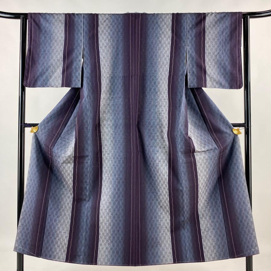 紬 身丈150.5cm 裄丈61cm S 袷 三代目市三郎 民芸紬 縞 濃紫 正絹 美品  