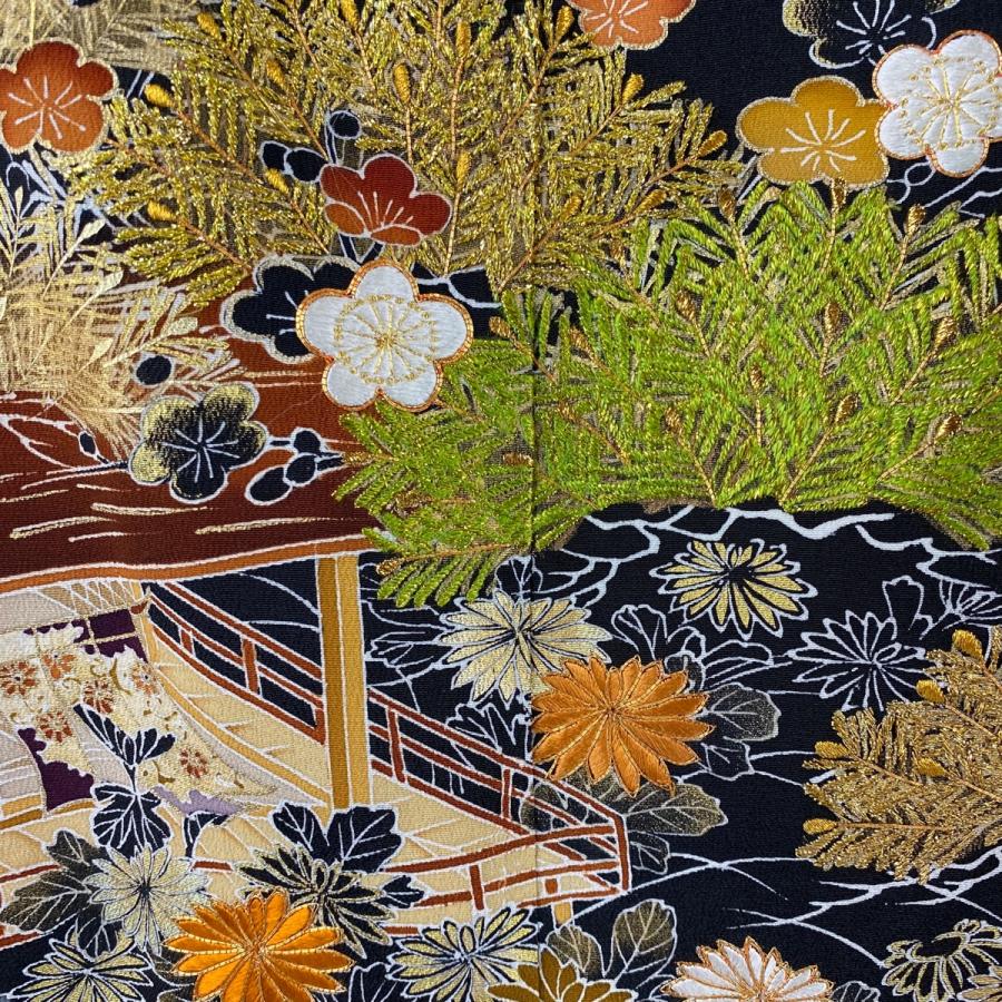 黒留袖 身丈162cm 裄丈65cm M 袷 千總 落款あり 松竹梅 建物 刺繍 金彩 
