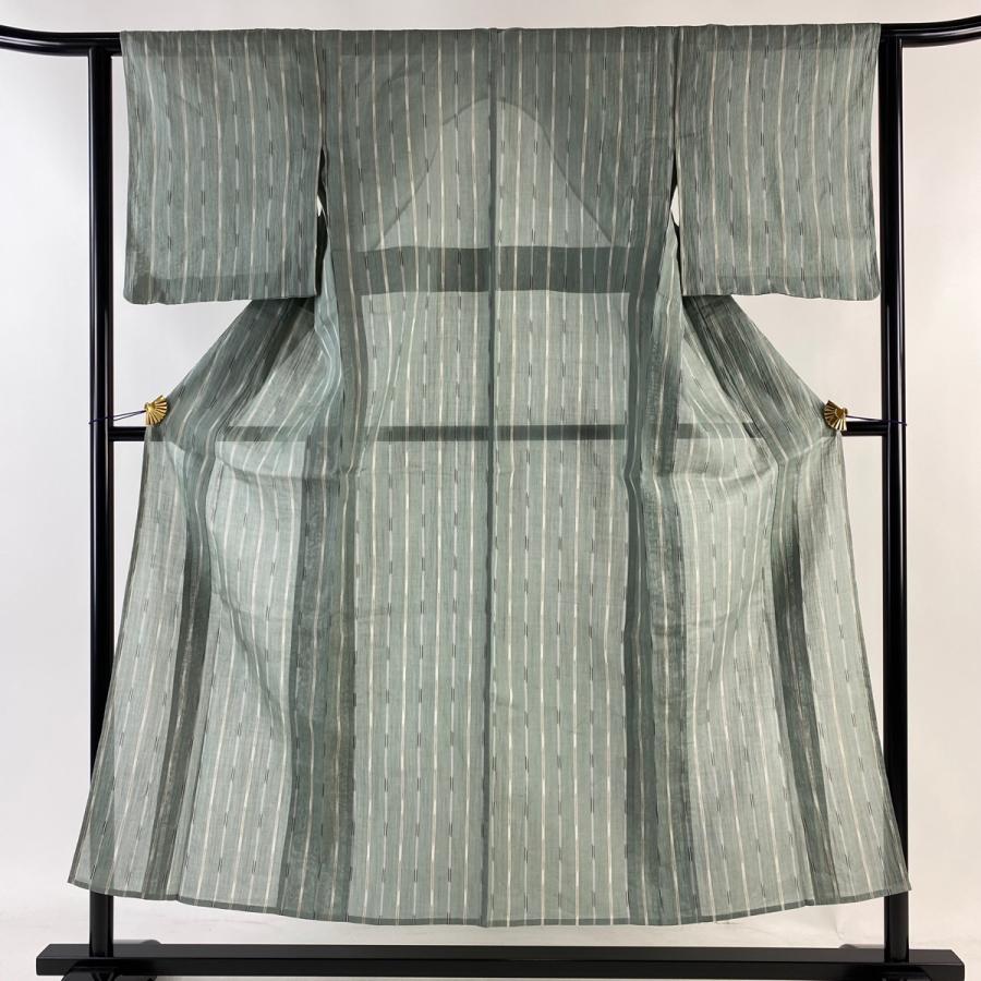 紬 身丈151.5cm 裄丈62.5cm S 薄物 夏紬 小千谷縮 縞 灰緑 麻 美品  