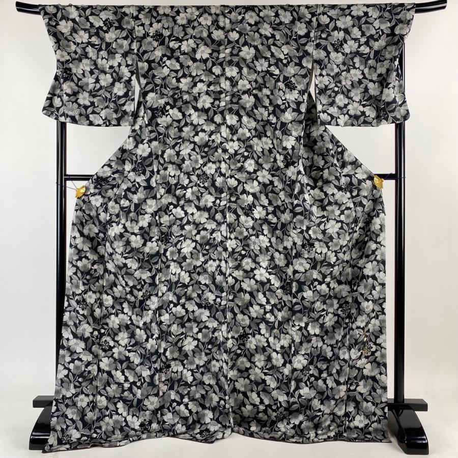 小紋 身丈173cm 裄丈73cm L 袷 斉藤上太郎 落款あり 草花 黒 正絹 美品  