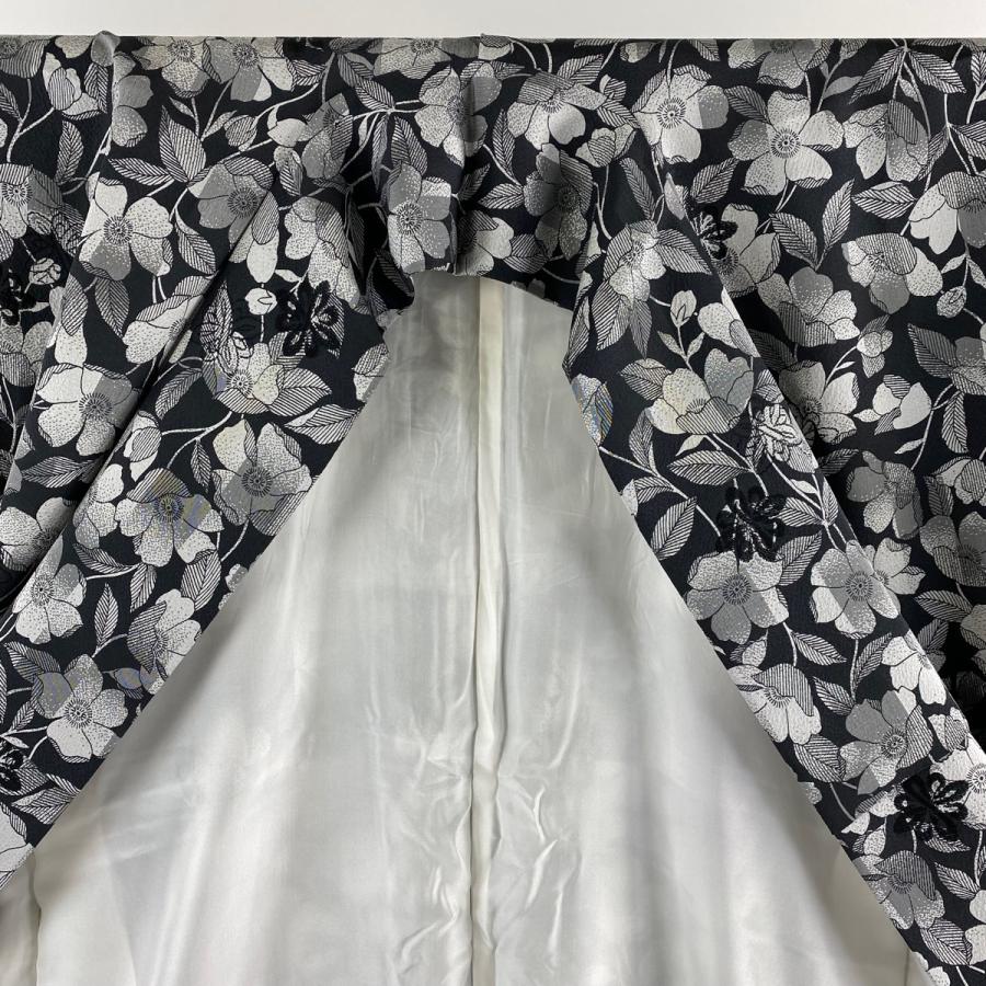 小紋 身丈173cm 裄丈73cm L 袷 斉藤上太郎 落款あり 草花 黒 正絹 美品  