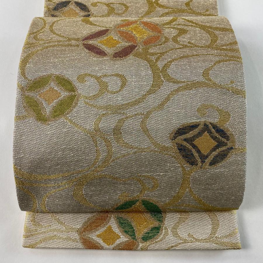 袋帯 美品 名品 流水 七宝 金銀糸 ベージュ 六通 正絹 中古  