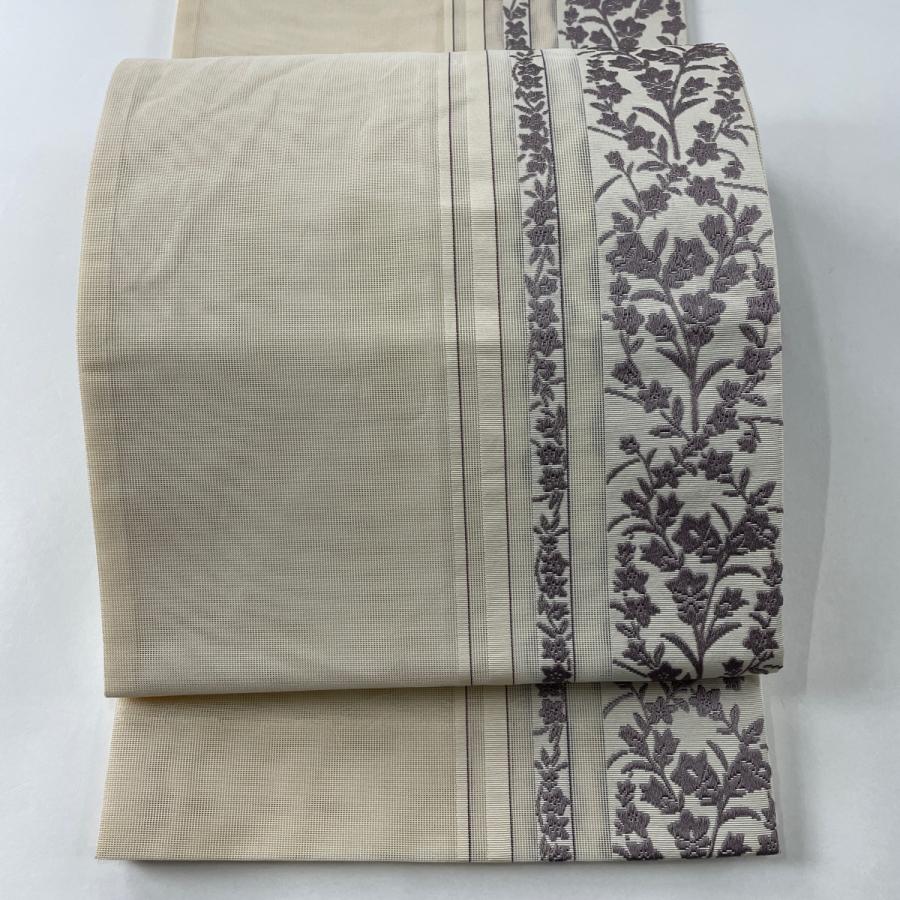 袋名古屋帯 美品 秀品 夏帯 紗 桔梗 縞 ベージュ 正絹 中古  