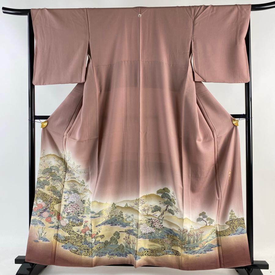 色留袖 身丈159.5cm 裄丈65cm M 袷 松竹梅 観世水 金糸 小豆色 正絹 美  