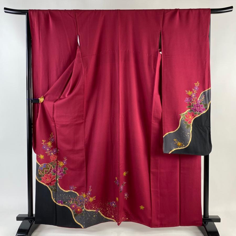 振袖 身丈163cm 裄丈68cm L 袷 鞠 牡丹 金糸 金彩 赤紫 正絹 美品 秀品 
