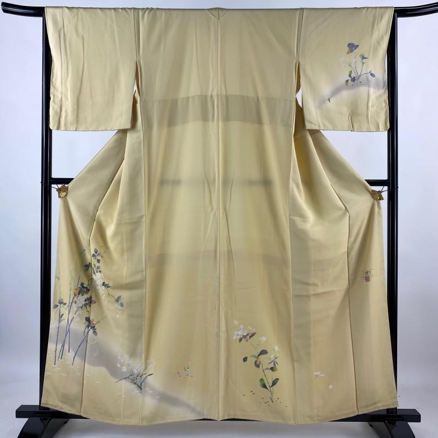 付下げ 身丈157.5cm 裄丈66cm M 袷 百貫石峰 落款あり 草花 水面 薄黄  